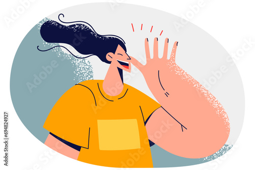 Smiling woman waving with hand