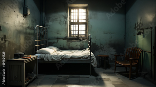 Prison Cell With A Sleeping Bed, Chair and A Bedside Table photo
