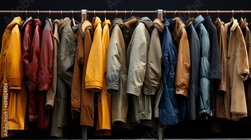 Array of coats on a rack, reflecting the compassionate efforts of volunteers organizing a clothing drive, a variety of sizes and colors available