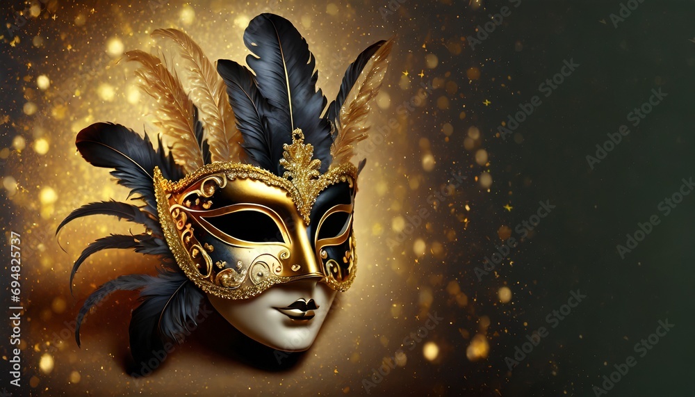 Obraz na płótnie Złoto-czarne karnawałowe tło z maską i piórami w salonie