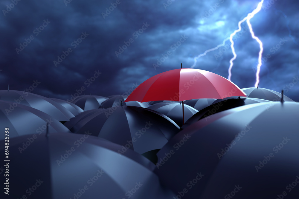 Red umbrella stands out among black ones. Dark sky with lightning. Concept non-standard thinking and individuality. Wallpaper with umbrellas. Background for motivation towards individuality. 3d image - obrazy, fototapety, plakaty 