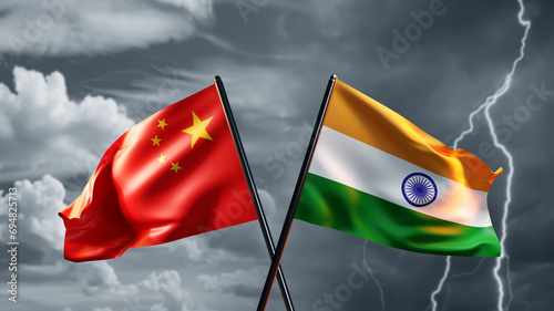 Flags of india and China. National symbols on flagpoles. State flags under stormy sky. Union of india and China. International relationships. Political dialogue between india and China. 3d image