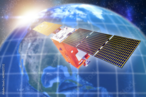 Fototapeta Naklejka Na Ścianę i Meble -  Communications satellite in space. Planet earth. Communication satellite. Space technologies. Exploring universe. Satellite for internet communications. 3d image planet earth, elements from nasa