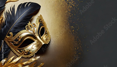 Gold and black carnival background with mask and feathers