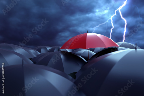 Red umbrella stands out among black ones. Dark sky with lightning. Concept non-standard thinking and individuality. Wallpaper with umbrellas. Background for motivation towards individuality. 3d image photo
