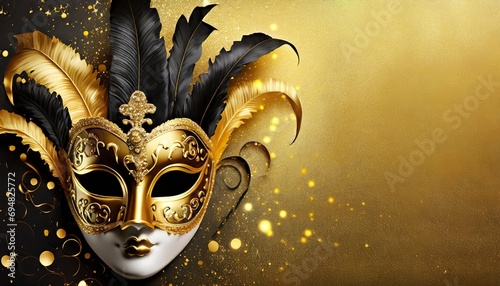 Złoto-czarne karnawałowe tło z maską i piórami