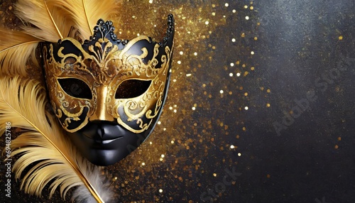 Złoto-czarne karnawałowe tło z maską i piórami © Monika