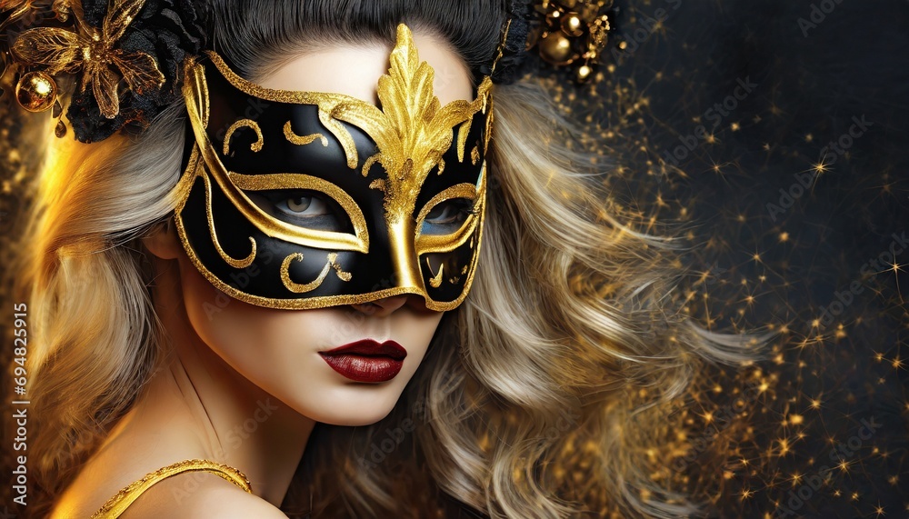 Kobieta w złoto-czarnej masce karnawałowej na czarno-złotym tle. Motyw balu maskowego, zabawy karnawałowej - obrazy, fototapety, plakaty 
