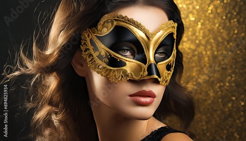Woman in a gold and black carnival mask on a black and gold background. Theme of a masquerade ball, carnival party