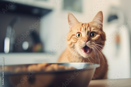 An adorable domestic kitten with tabby fur, sitting near a food bowl, looking hungry and meowing.