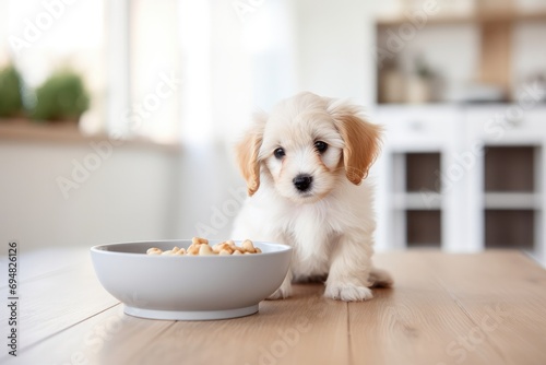 A cute puppy sits near its ceramic food bowl, expressing hunger and cheerful companionship.