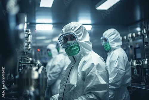 Scientist in hazmat suit conducting medical research to combat virus outbreaks in a laboratory.