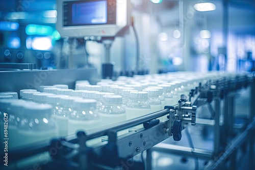 Automated production line in a modern pharmaceutical factory, filling and packaging medicine bottles.