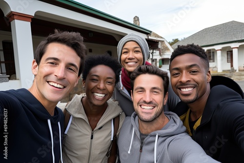 A cheerful, diverse group of friends taking a joyful outdoor selfie in a yard, celebrating friendship and togetherness.