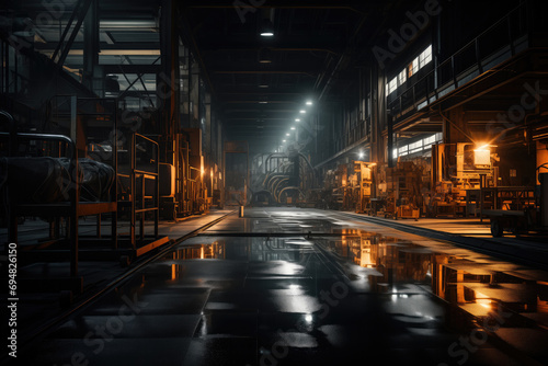 Abandoned industrial interior with rusty metal, old equipment, and dark atmospheric lighting.