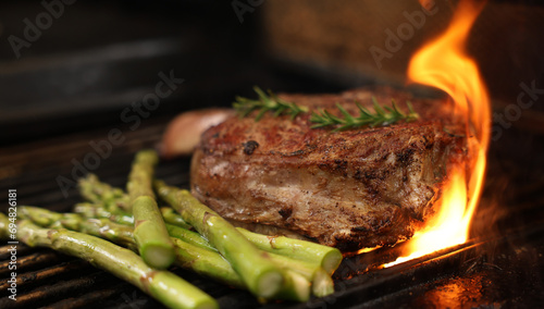 The prefect mouth watering bone-in rib-eye steak cooking on the bbq, barbecue, barbeque or griller with flames and asparagus sides. Rosemary garnish and close-up angle. photo