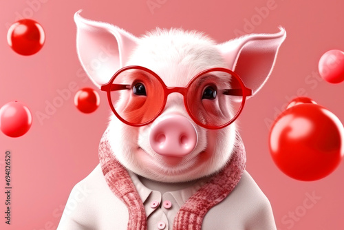 Cute cartoon anthropomorphic pig wears a pink sweater and glasses, pink background photo