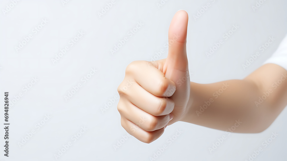 Close-up of female hand showing thumbs up sign on white background