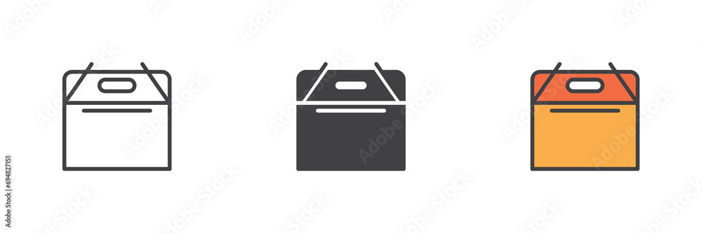 Take away food bag different style icon set Take away food bag different style icon set
