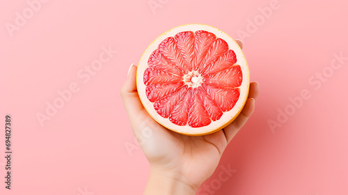 Female hand holding grapefruit on pink background. photo