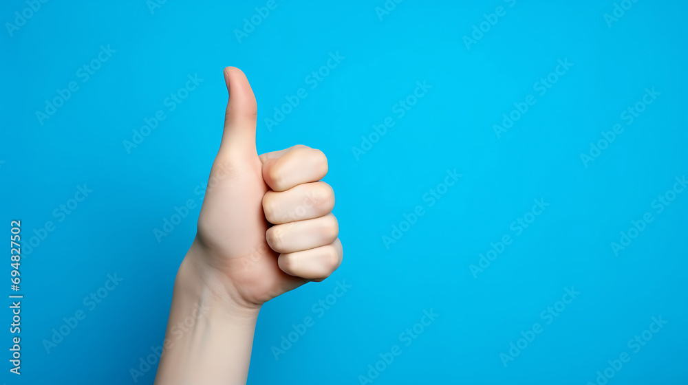 Female hand showing thumbs up sign on blue background with copy space.
