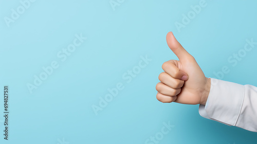 Hand of a doctor showing thumbs up on blue background with copy space