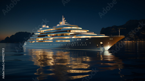 A Luxurious White Yacht In The Mediterranean Sea At Night 