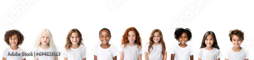 portraits of 9 happy girls on a white background, with space for text above them. joyful children 10 years old, of different nationalities and races in white T-shirts in the studio. photo