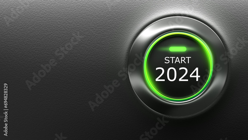 Start 2024. Round button to start new year. Inscription 2024 on panel with neon lighting. Start of new year. 2024 button to move to future. Background for business presentation. 3d image photo
