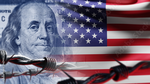 USA flag behind barbed wire. Franklin portrait on dollar money. Concept of seizing money in USA. Metaphor of compliance checking deposit in bank. Financial sanctions from united states. 3d image photo