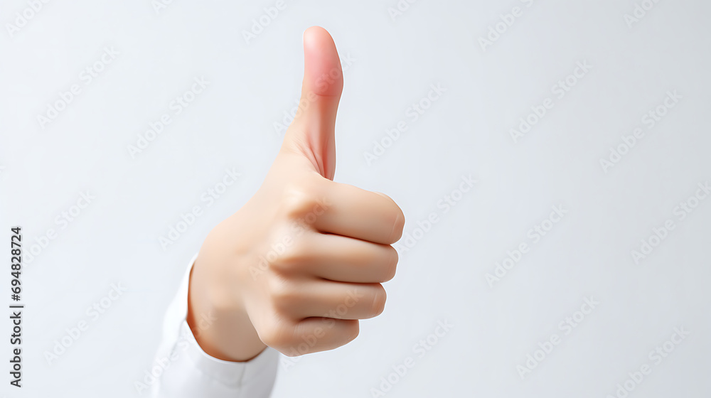 Hand of businesswoman showing thumbs up sign on white background.