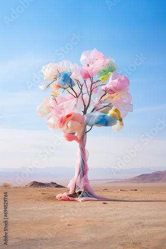 Candy-Colored Tree wrapped in plastic trash. Generative AI photo
