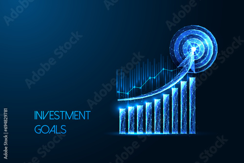 Investment goals, capital growth, wealth building futuristic concept with growth graph and target