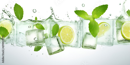 a group of ice cubes with mint leaves and lime slices.A slice of lime annd mint leaves falling into the water on white background.Mojito cocktail collection, generative ai