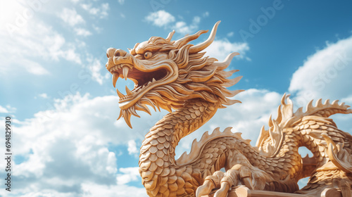 chinese new year dragon 2024 wood outdoor with sky and cloud photography