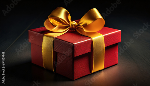 Red gift box on a black dark background, decorated with a yellow textured bow, creating a romantic luxury atmosphere. For Saint Valentines day presents