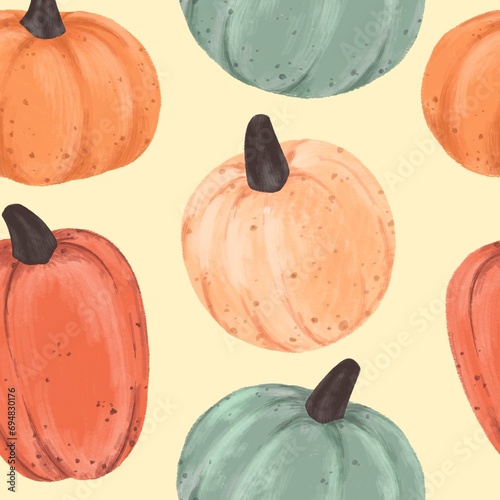 Seamless pattern with pumpkins, autumn pattern, Halloween, Thanksgiving, background for wrapping paper. Watercolor style.