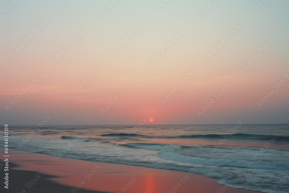 A serene beach scene with a minimalistic sun setting over the horizon, captured through the simplicity of shapes.