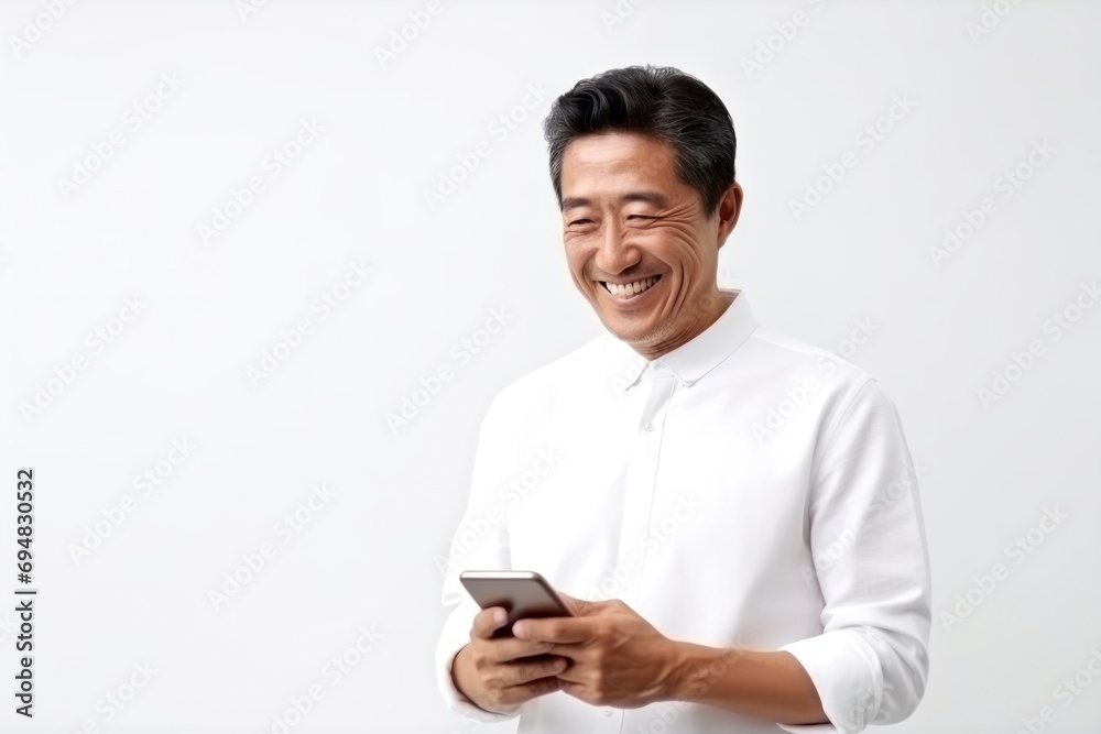 Happy Asian businessman confidently using a mobile phone, embodying modern technology and business success. Happy Asian businessman confidently using a mobile phone, embodying modern technology and business success.