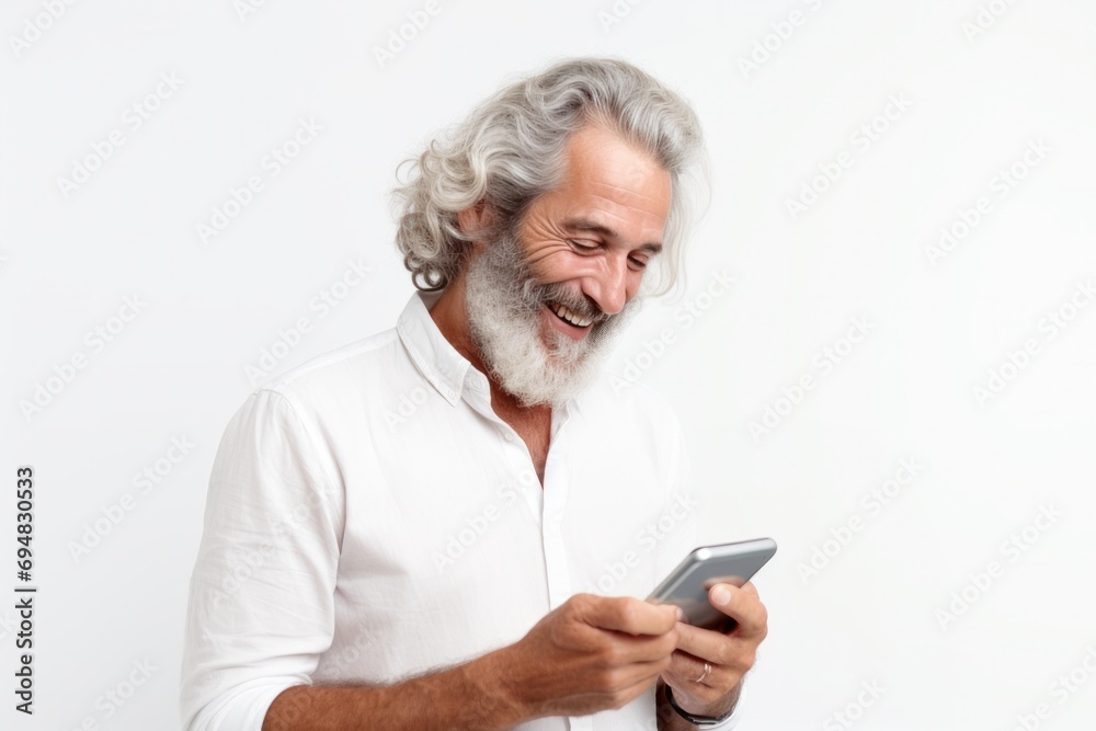 Mature Caucasian man using a smartphone for modern communication, embodying a happy retired lifestyle. Mature Caucasian man using a smartphone for modern communication, embodying a happy retired lifestyle.