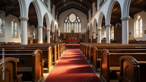 Interior Of A Church With Red Carpet and Wooden Benches 