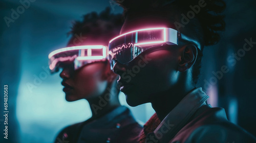 Cyberpunk style portrait of two people with neon VR glasses photo