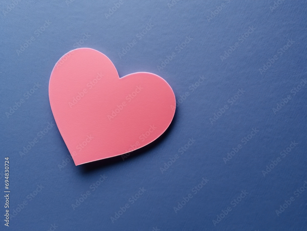 A single pink paper heart on a deep navy blue matte background. A single pink paper heart on a deep navy blue matte background.
