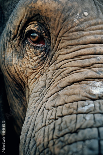 Hyperrealistic portrayal of a wise and weathered elephant, capturing the texture of its wrinkled skin and expressive eyes in remarkable detail.