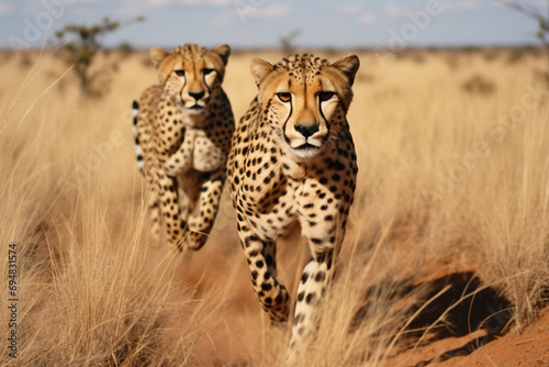 Hyperrealistic depiction of a pair of cheetahs sprinting across the African plains  with their sleek bodies and powerful strides captured in remarkable detail.