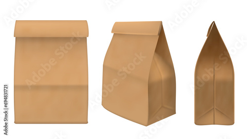 3D Folded Paper Bag Set Isolated On White Back