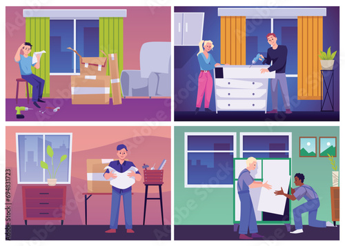 Workers assembly furniture and people confused by instruction, vector.