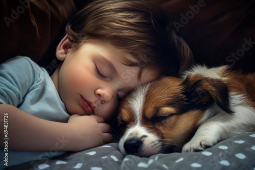 Slumbering Boy with Trusting Puppy. Generative AI photo