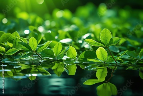 A serene scene of green leaves mirrored in calm waters, go green images
