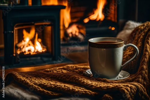 A mug of  tea stands on a chair with a woolen blanket in a cozy living room with a fireplace. Cozy winter day